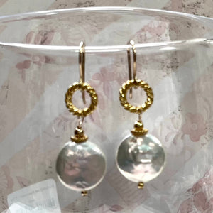 White Freshwater Coin Earrings in 24K Vermeil