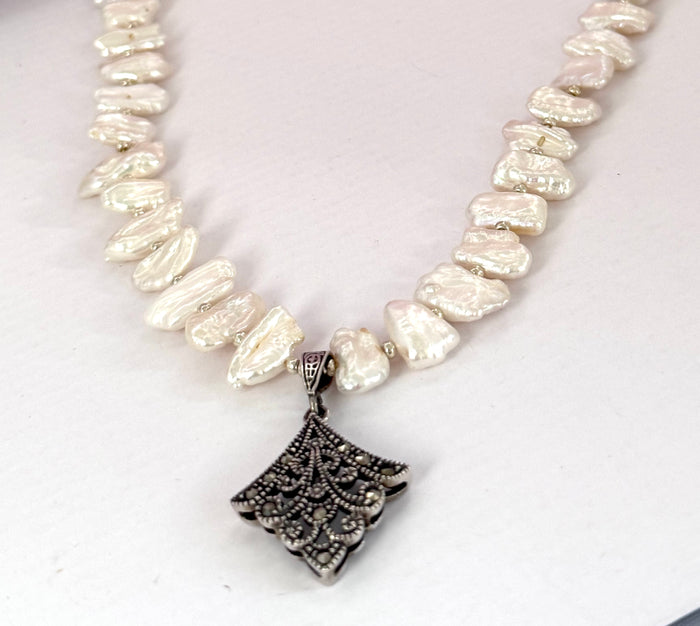 Antique Marcasite Pendant and Freshwater Pearl Necklace in Sterling Silver