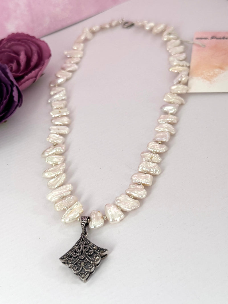 Antique Marcasite Pendant and Freshwater Pearl Necklace in Sterling Silver