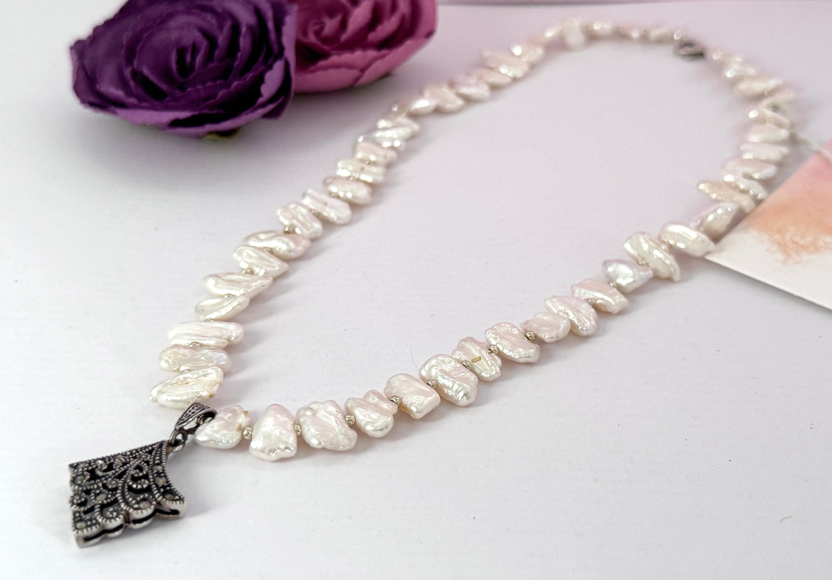 Antique Marcasite Pendant and Freshwater Pearl Necklace in Sterling Silver