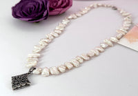 Antique Marcasite Pendant and Freshwater Pearl Necklace in Sterling Silver