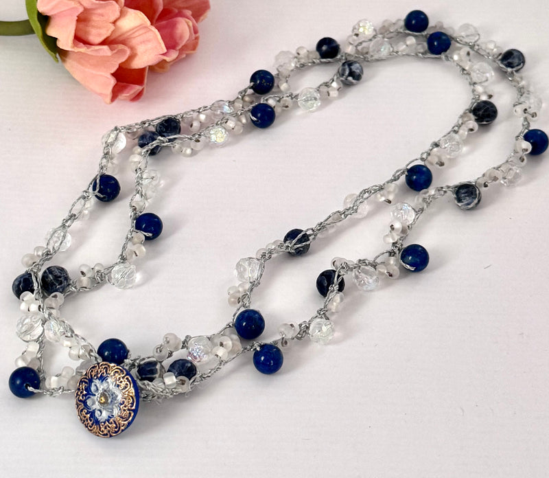 Blue Agate and Lapis Crochet Necklace