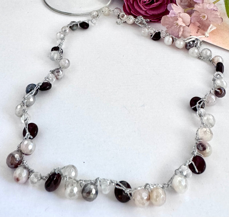 Garnet and Agate Beaded Crochet Necklace