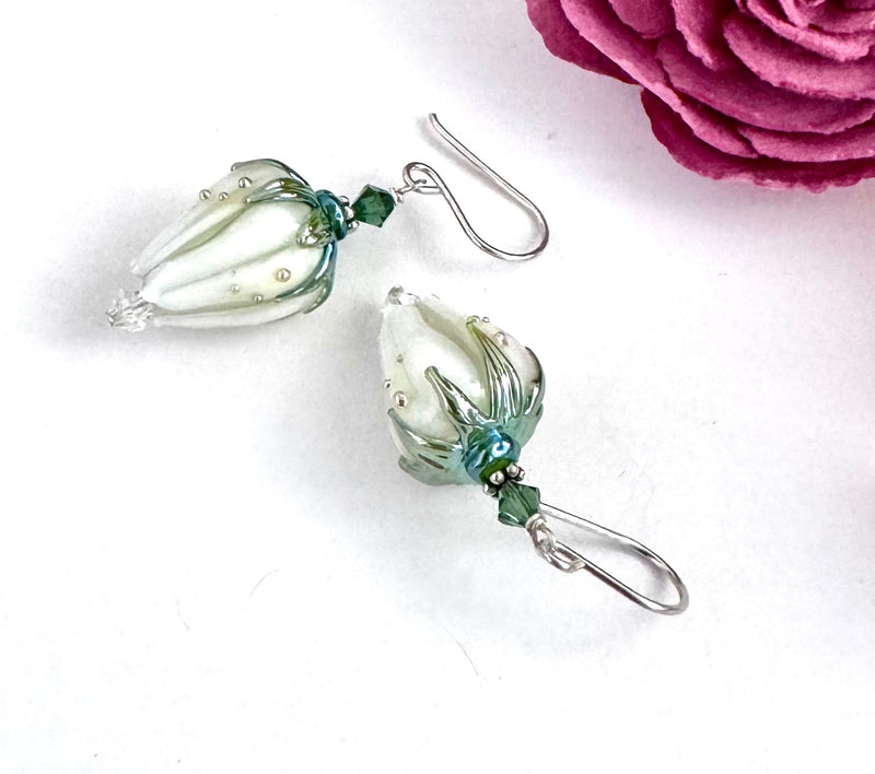 White Rosebud Handmade Lampwork Earrings in Sterling Silver