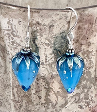 Medium Blue Rosebud Handmade Lampwork Earrings in Sterling Silver