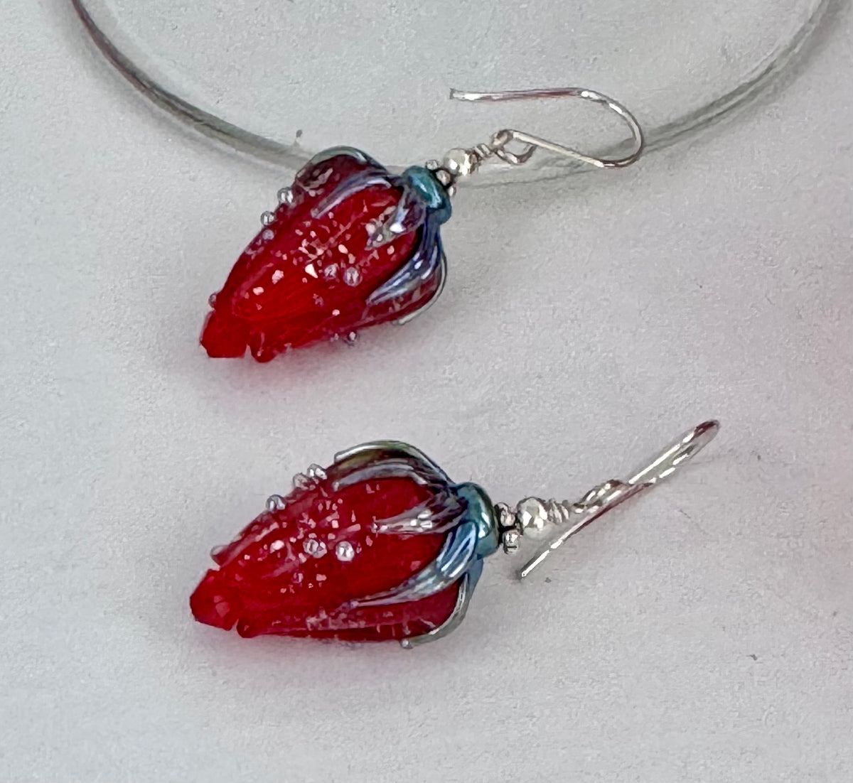 Red Glass Rose Bud Earrings in Sterling Silver