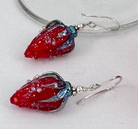 Red Rosebud Handmade Lampwork Earrings in Sterling Silver