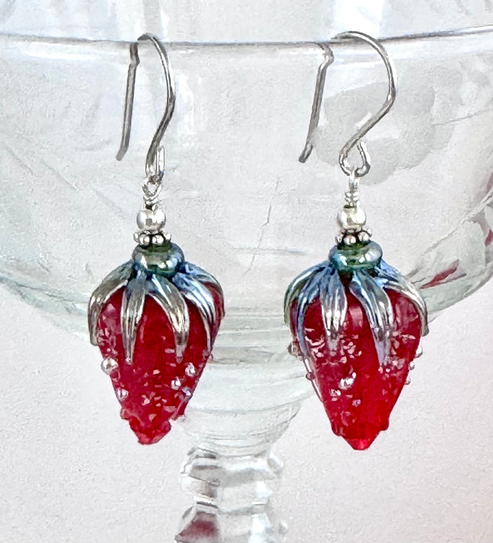 Red Rosebud Handmade Lampwork Earrings in Sterling Silver