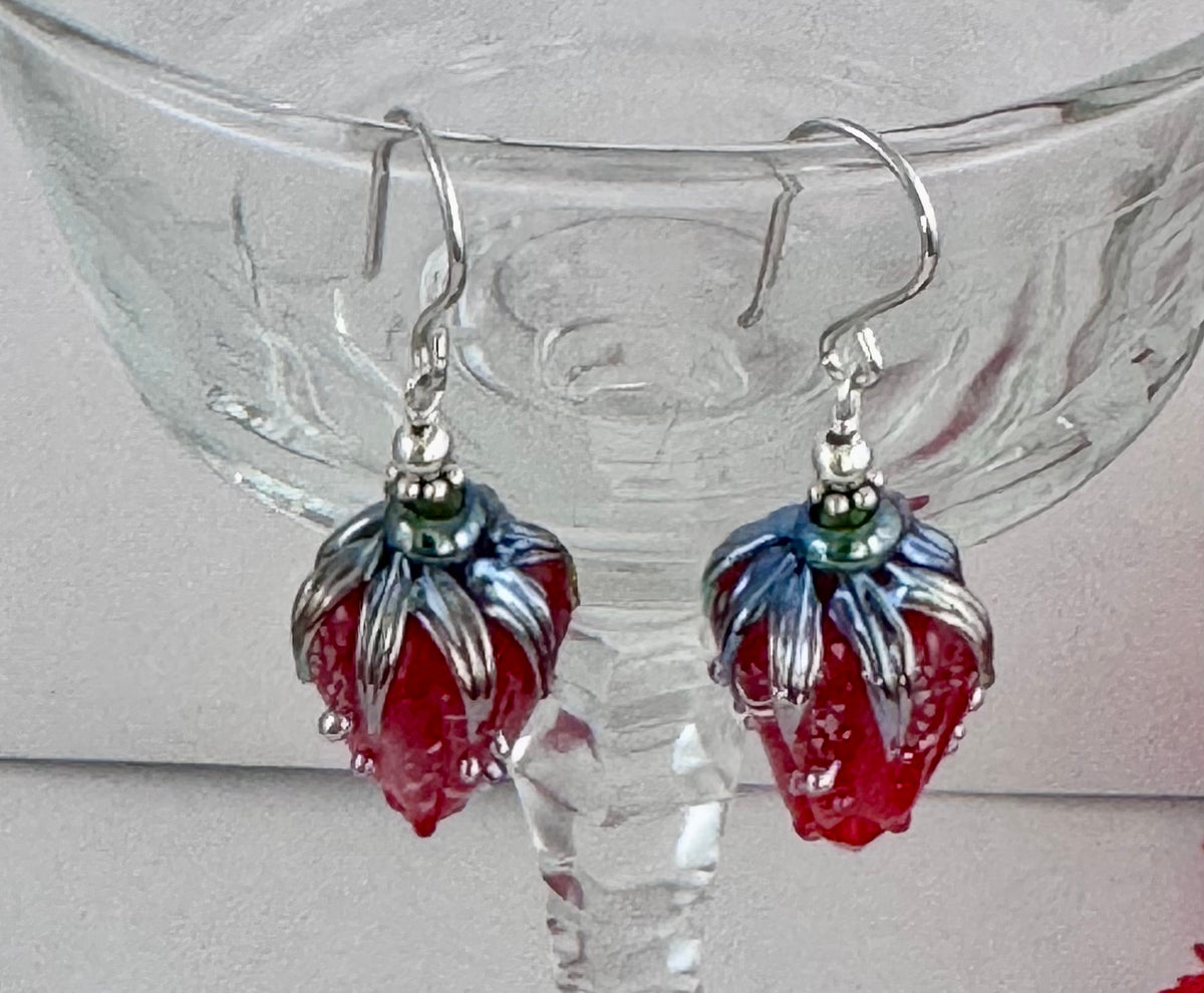 Red Glass Rose Bud Earrings in Sterling Silver