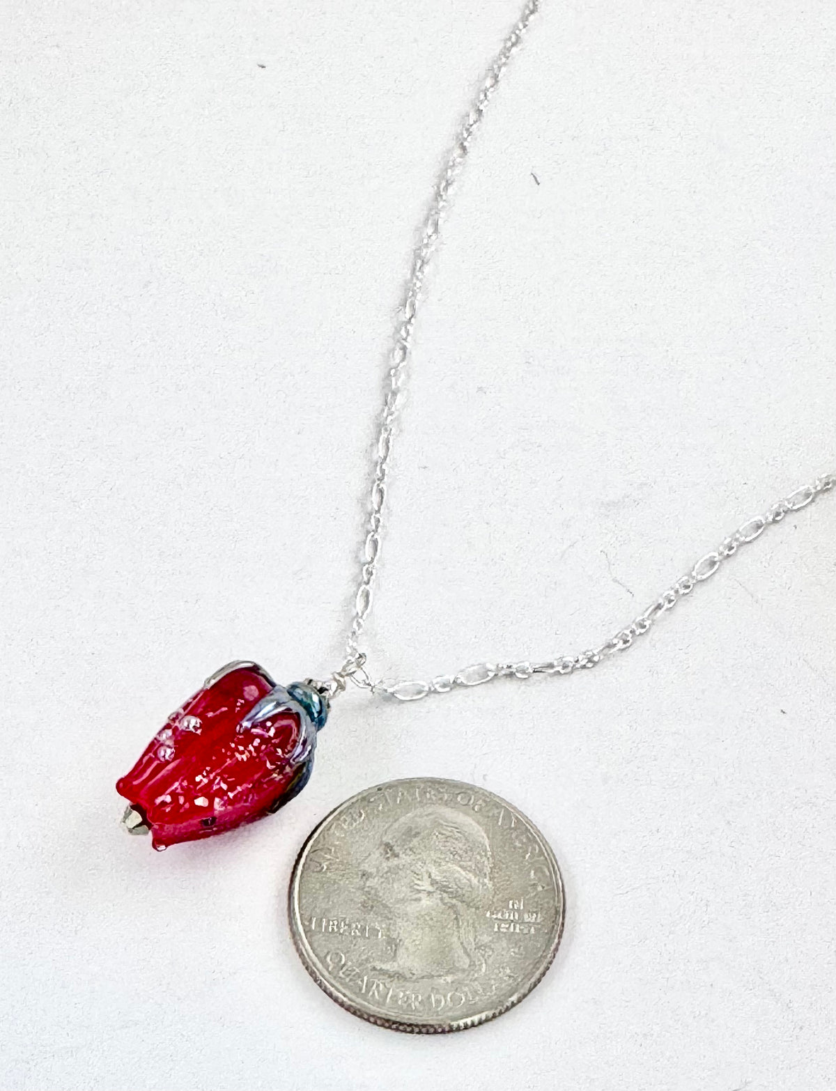 Red Rosebud Handmade Lampwork Pendant Necklace in Sterling Silver