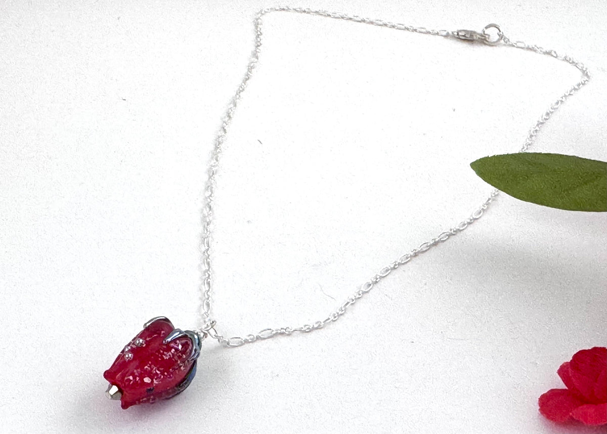 Red Rosebud Handmade Lampwork Pendant Necklace in Sterling Silver