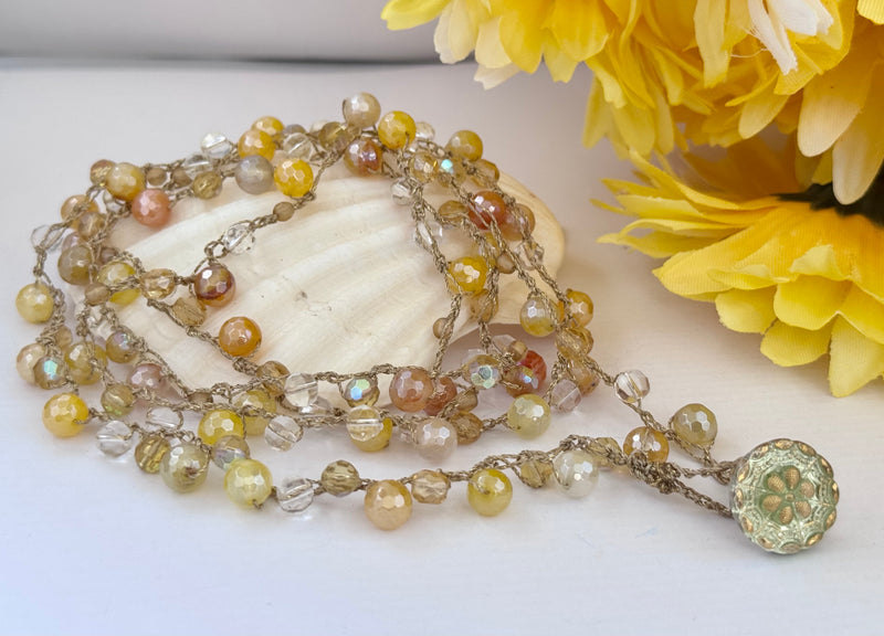 Yellow Agate and Crystal Quartz Crochet Necklace