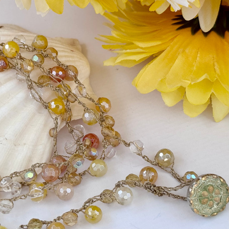 Yellow Agate and Crystal Quartz Crochet Necklace