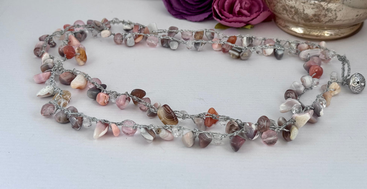 Botswana Agate and Cherry Quartz Crochet Bracelet