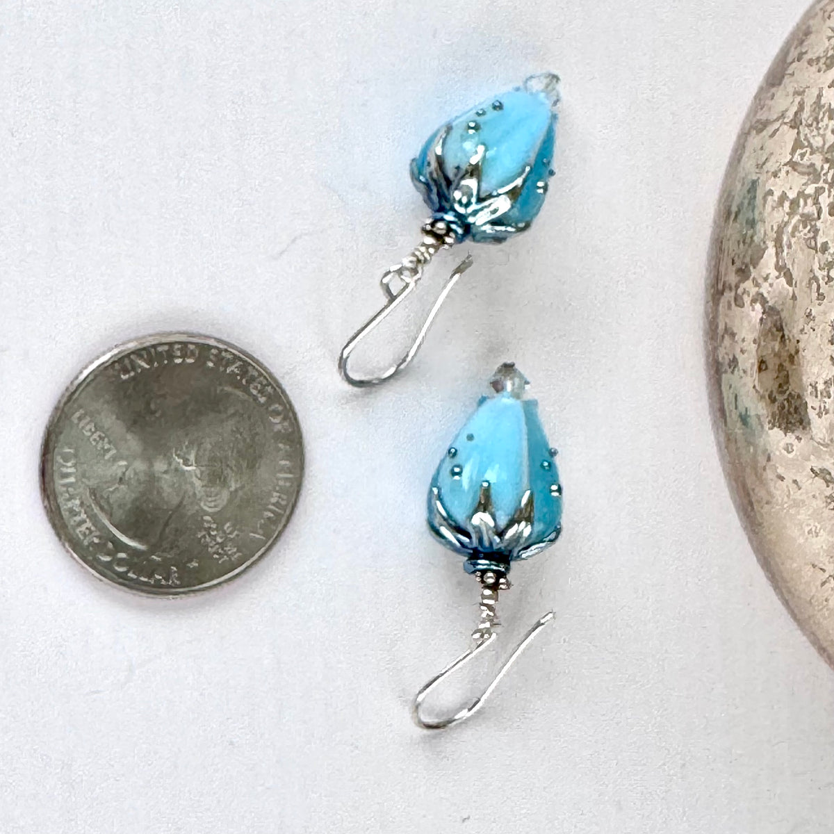 Light Blue Rosebud Handmade Lampwork Earrings in Sterling Silver