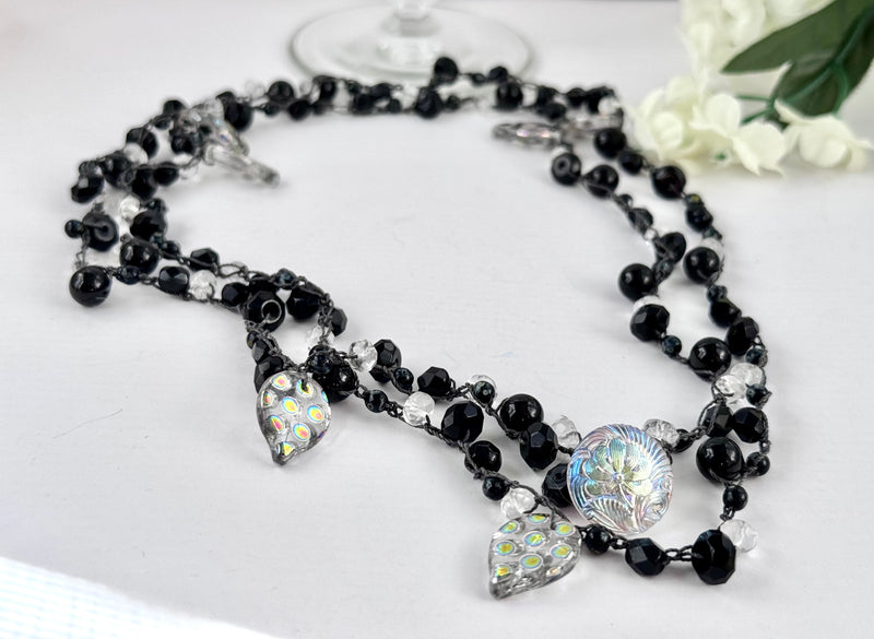 Black Tourmaline and Crystal Quartz Crochet Necklace