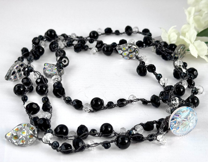 Black Tourmaline and Crystal Quartz Crochet Necklace