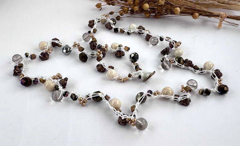 Ivory Magnesite and Czech Glass Beaded Crochet Necklace