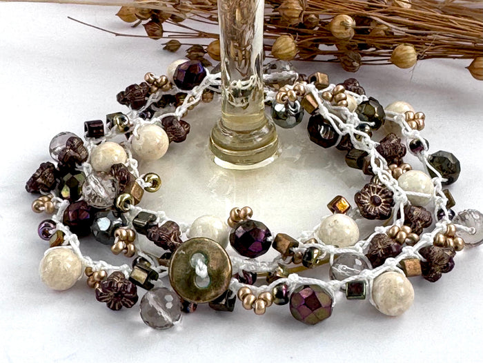 Ivory Magnesite and Czech Glass Beaded Crochet Necklace