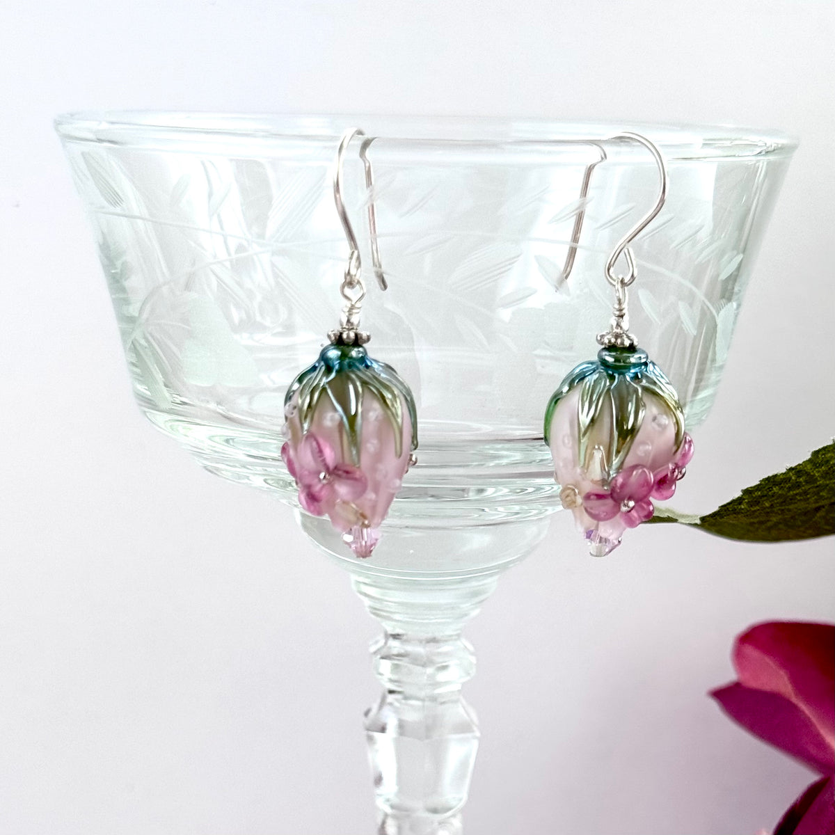 Pink Rosebud Handmade Lampwork Earrings in Sterling Silver