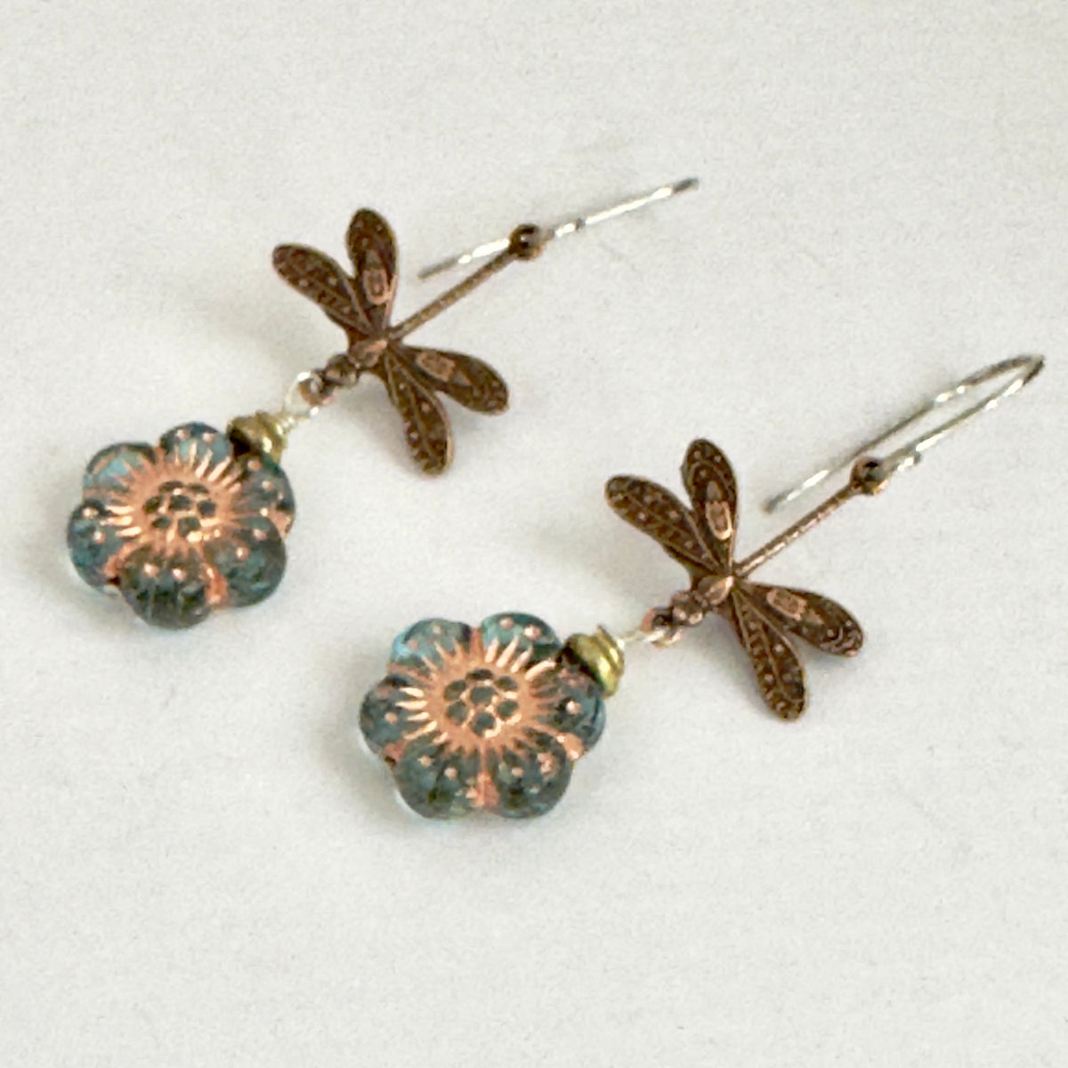 Czech Glass Washed Blue Wildflower Earrings in Sterling Silver