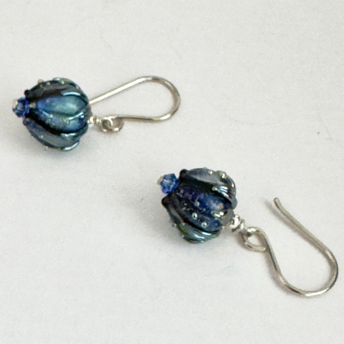 Navy Rosebud Handmade Lampwork Earrings in Sterling Silver