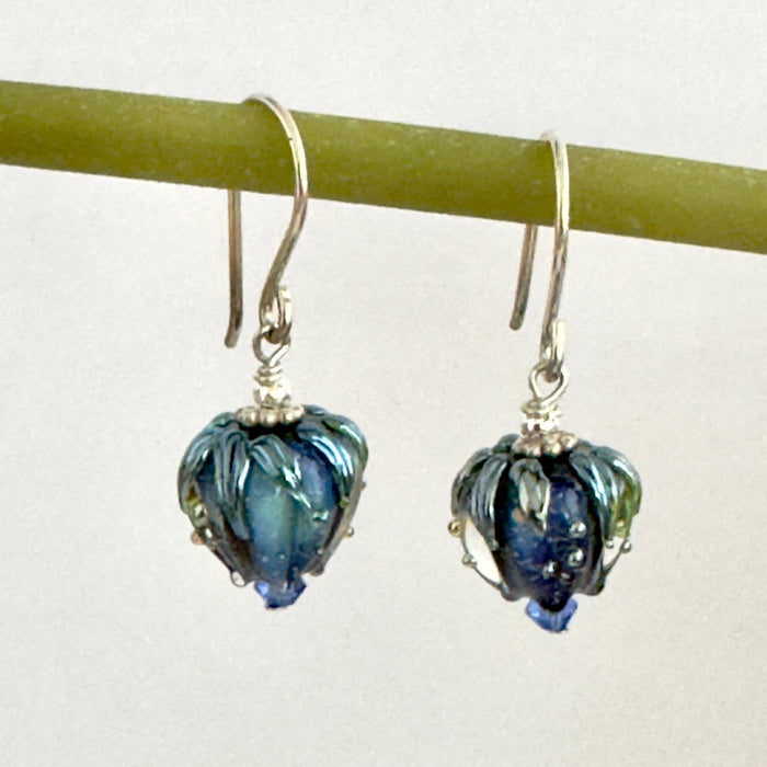 Navy Rosebud Handmade Lampwork Earrings in Sterling Silver