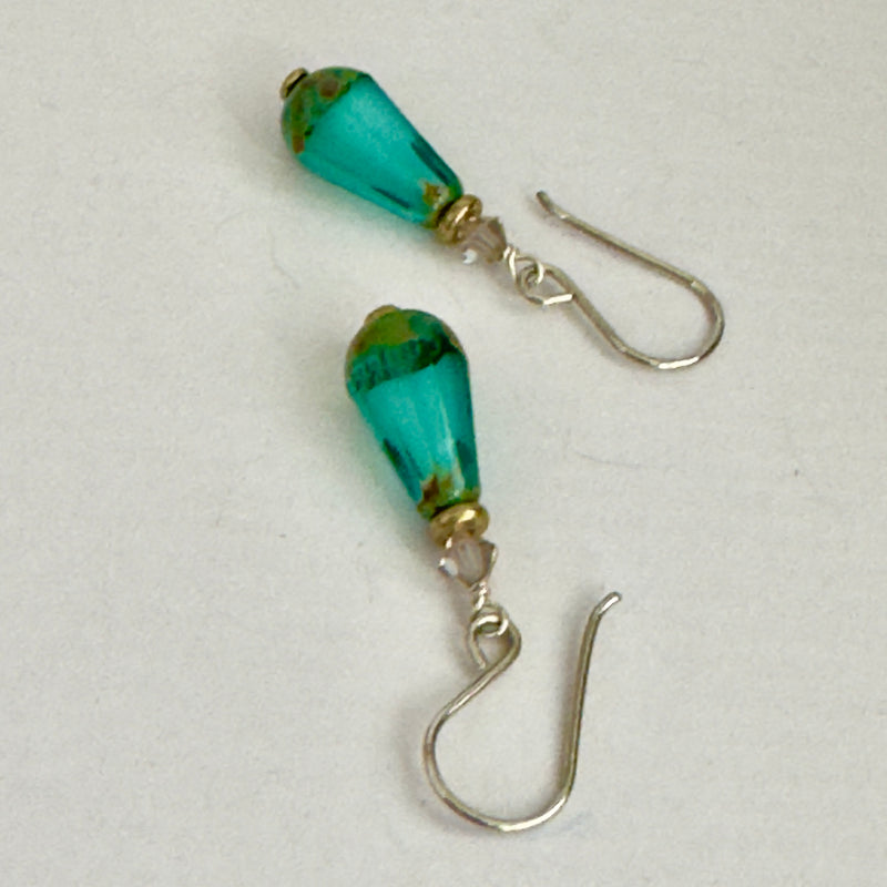 Czech Glass Seafoam Blue Faceted Dangle Drop Earrings, Sterling Silver