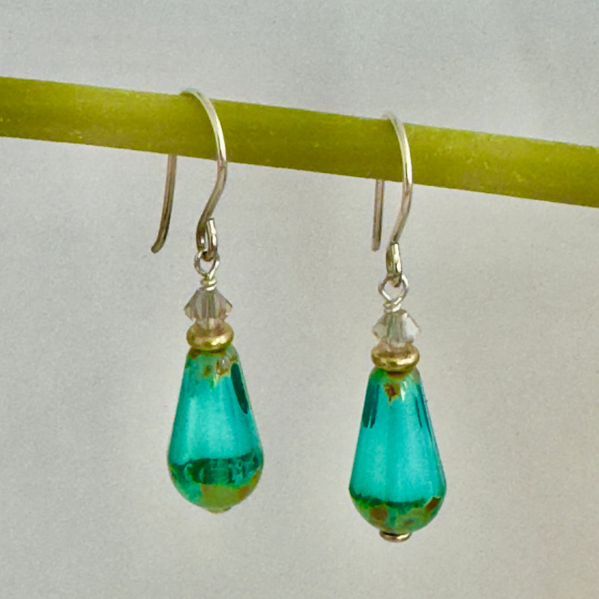 Czech Glass Seafoam Blue Faceted Dangle Drop Earrings, Sterling Silver