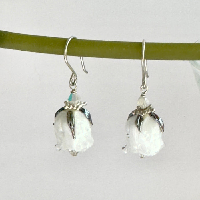 White and Silver Rosebud Handmade Lampwork Earrings in Sterling Silver