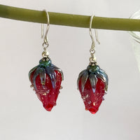 Red Glass Rose Bud Earrings in Sterling Silver