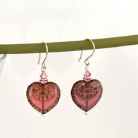Czech Glass Dark Pink Heart Earrings in Sterling Silver