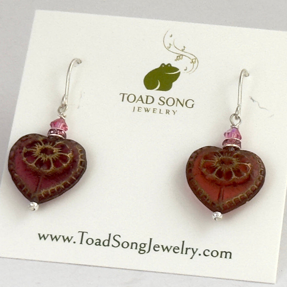 Czech Glass Dark Pink Heart Earrings in Sterling Silver