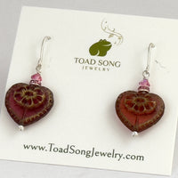 Czech Glass Dark Pink Heart Earrings in Sterling Silver
