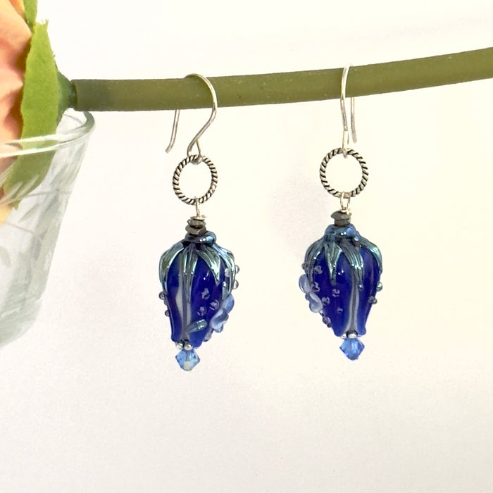 Indigo Rosebud Handmade Lampwork Earrings in Sterling Silver