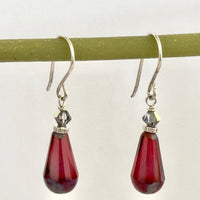 Czech Glass Faceted Cranberry  Dangle Drop Earrings in Sterling Silver