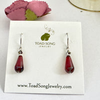 Czech Glass Faceted Cranberry  Dangle Drop Earrings in Sterling Silver