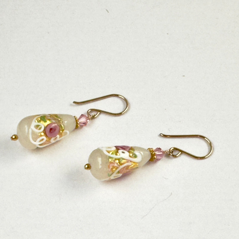 White and Pink Venetian Wedding Cake Earrings in 14K Gold Fill