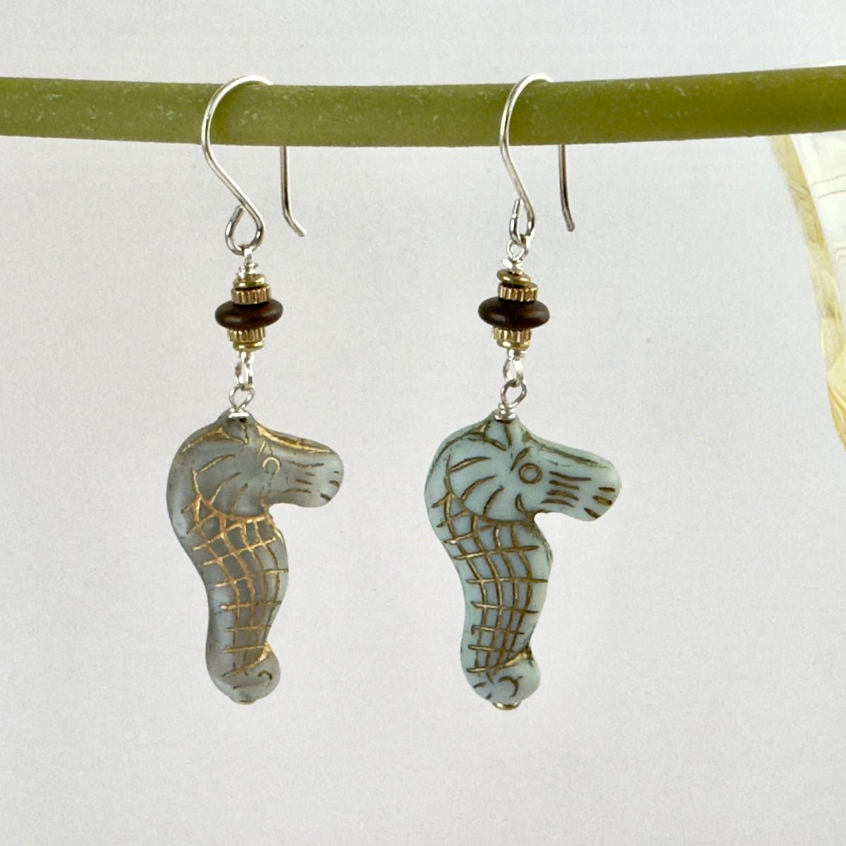 Czech Glass Sea Horse Earrings in Sterling Silver