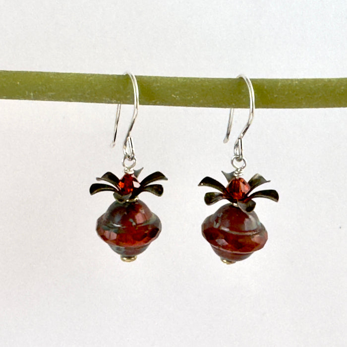 Czech Glass Rust Color Saturn Bead Earrings in Sterling Silver