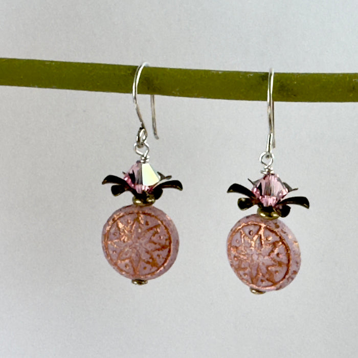 Czech Glass Pink Opaline and Copper Ishtar Coin Bead Earrings in Sterling Silver