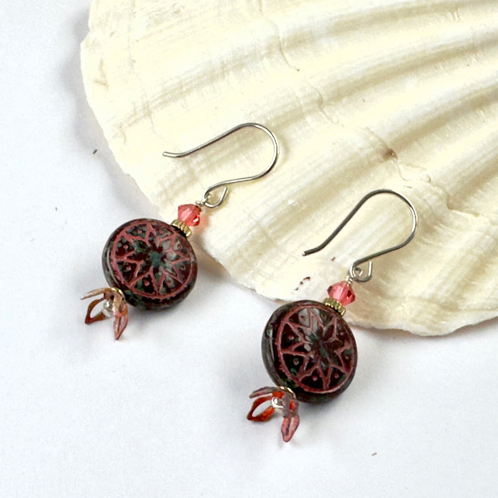 Czech Glass Red Ishtar Coin Earrings in Sterling Silver