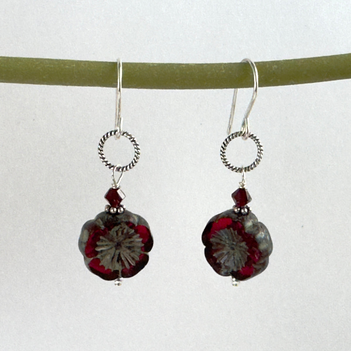 Czech Glass Red Flower Hibiscus Earrings in Sterling Silver