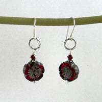 Czech Glass Red Flower Hibiscus Earrings in Sterling Silver