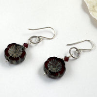 Czech Glass Red Flower Hibiscus Earrings in Sterling Silver