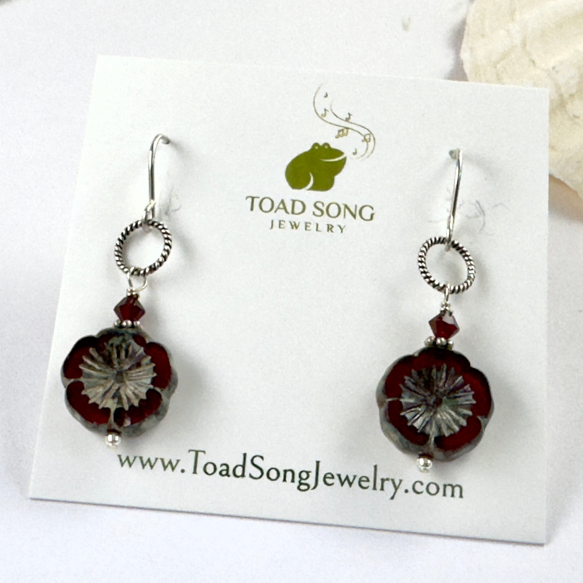 Czech Glass Red Flower Hibiscus Earrings in Sterling Silver