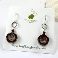 Czech Glass Red Flower Hibiscus Earrings in Sterling Silver