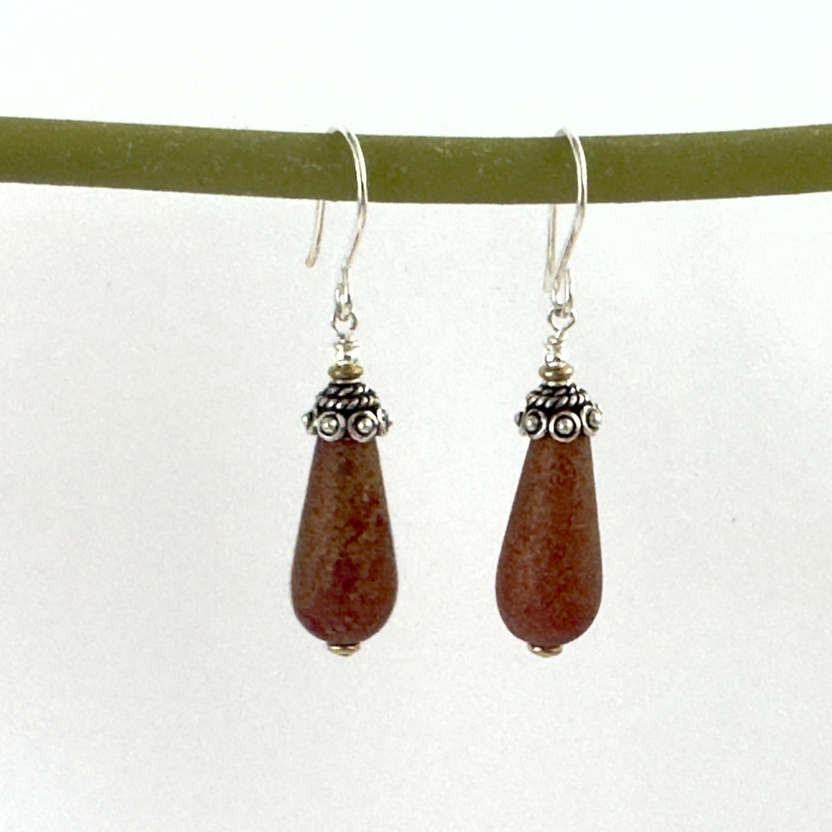 Czech Glass Textured Burnt Orange Dangle Drop Earrings in Sterling Silver