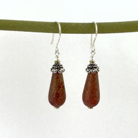 Czech Glass Textured Burnt Orange Dangle Drop Earrings in Sterling Silver