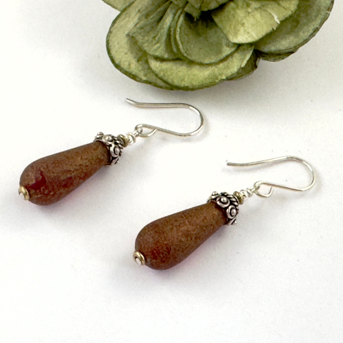 Czech Glass Textured Burnt Orange Dangle Drop Earrings in Sterling Silver